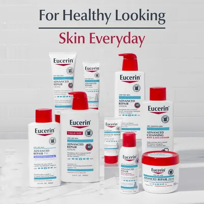 Showcases the Eucerin brand's complete Advanced Repair product line for very dry skin, helping shoppers understand the full range of options available within the brand's skincare portfolio.