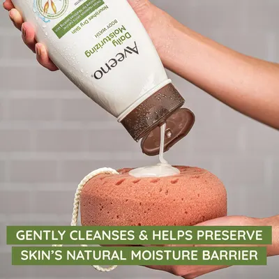 Communicates that the Aveeno Daily Moisturizing Body Wash gently cleanses while preserving the skin's natural moisture barrier, reassuring shoppers about its gentle and hydrating properties.