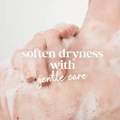 Communicates that the product softens dry skin with gentle, caring ingredients, reassuring shoppers seeking a soothing skincare solution.