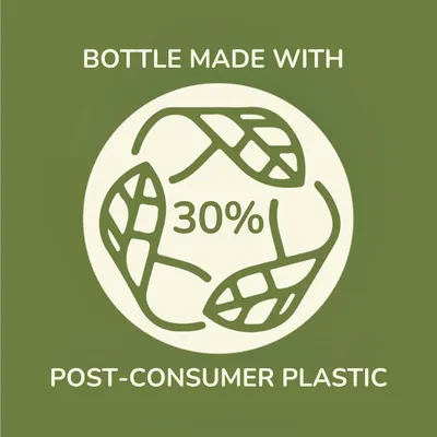 Communicates the product's environmental responsibility by highlighting that the bottle is made with 30% post-consumer recycled plastic, reassuring eco-conscious shoppers. Highlights one clear…