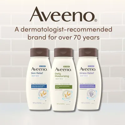 Communicates the brand's 70+ year dermatologist-recommended heritage and showcases three product variants from the Aveeno body wash line to build trust and help shoppers understand the product…
