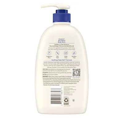 Provides a clean, catalog-style view of the Aveeno Skin Relief Body Wash bottle showing the back label with product information, ingredients, and usage directions for shoppers to review details.
