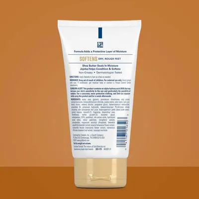 Communicates multiple distinct benefits of the foot cream formula including moisturizing protection, softening action, key ingredients (shea butter and jojoba), and quality reassurances (non-greasy,…