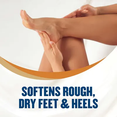 Communicates that the product effectively softens rough, dry feet and heels, reassuring shoppers of its moisturizing benefits for foot care.