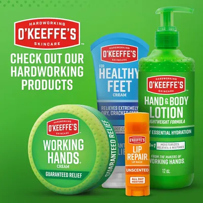 Showcases the O'Keeffe's skincare product portfolio to help shoppers understand the brand's range of hardworking skincare solutions for hands, feet, body, and lips.