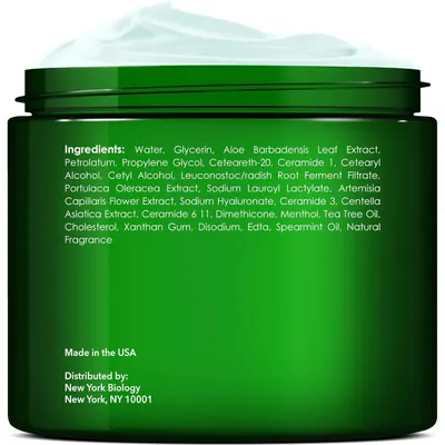 Provides a clean, catalog-style view of the product jar showing the ingredients list and manufacturing information to help shoppers understand what's inside and build trust in the product's origin.