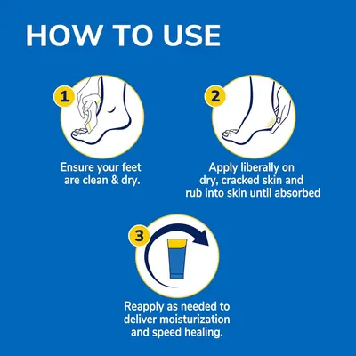 Provides step-by-step instructions on how to properly apply the foot care product to ensure effective moisturization and healing of dry, cracked skin.