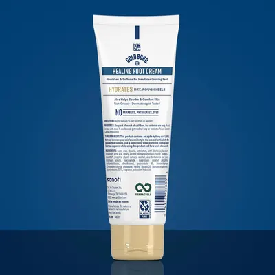 Communicates multiple distinct benefits of the foot cream including hydration, skin comfort, safety testing, and clean formulation to reassure shoppers of the product's effectiveness and quality.