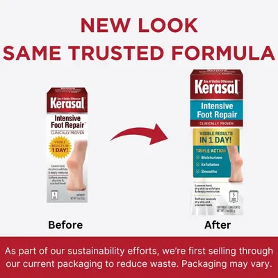 Communicates that the product has new packaging but maintains the same trusted formula, while highlighting the brand's sustainability efforts to reassure customers about packaging variations.