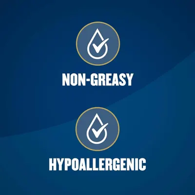 Communicates two distinct product benefits—non-greasy formula and hypoallergenic properties—to reassure shoppers about comfort and safety for sensitive skin.