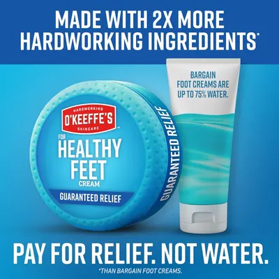 Communicates that O'Keeffe's foot cream contains 2X more active ingredients and significantly less water than bargain competitor foot creams, positioning it as a superior value product that delivers…