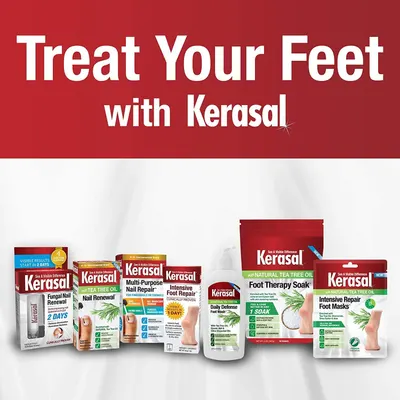 Showcases the Kerasal brand's complete foot care product lineup to help shoppers understand the range of solutions available and reinforce brand trust.
