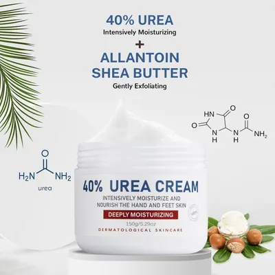 Breaks down the key active ingredients in the cream (40% Urea for intensive moisturizing, Allantoin and Shea Butter for gentle exfoliation) to educate shoppers about what makes the product effective.