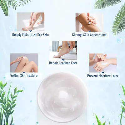 Showcases five distinct skincare benefits of the product in a segmented layout to demonstrate its versatility and comprehensive moisturizing capabilities.