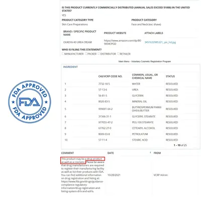 Communicates that the product is FDA approved and provides full ingredient disclosure to reassure shoppers about safety and regulatory compliance.