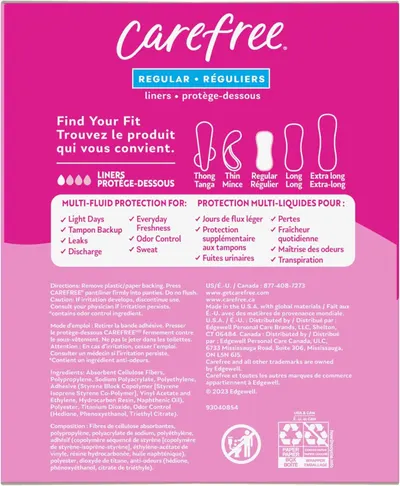 Helps shoppers choose the right liner size and absorbency level from the Carefree product line by showing all available options and their intended uses.