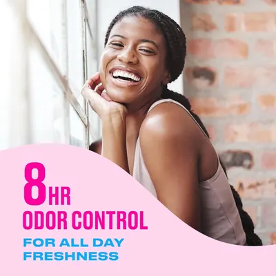 Communicates the product's long-lasting odor protection performance to reassure shoppers they'll stay fresh throughout the day. Highlights the core benefit of all-day freshness and confidence…