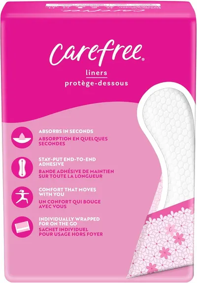 Communicates multiple key benefits of the product in a segmented layout with icons, reassuring shoppers about absorption speed, adhesive quality, comfort, and portability.
