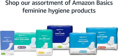 Showcases the variety of Amazon Basics feminine hygiene products available, helping shoppers understand the brand's full product lineup and choose the right option for their needs.