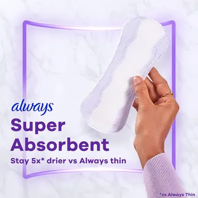 Communicates that this Always pad is significantly more absorbent than competing thin pads, staying 5x drier to reassure shoppers of superior performance. Highlights the key benefit of superior…