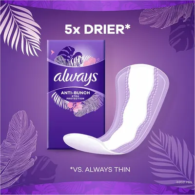 Communicates a quantifiable performance claim that the product is 5 times drier compared to the brand's thin version, emphasizing superior absorbency and anti-bunching protection. Highlights the key…