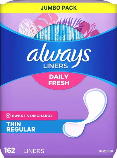 Displays the product packaging clearly to show shoppers exactly what they will receive, including the jumbo pack size, brand identity, and key product details like 'Daily Fresh' and '162 liners'.