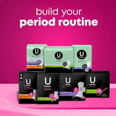 Displays the full range of U by Kotex period care products to help shoppers understand the brand's complete lineup and choose the right product for their needs.