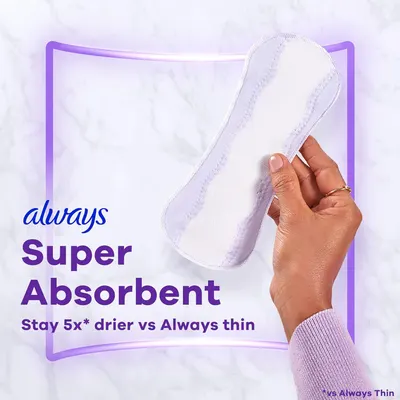 Communicates that this Always pad is significantly more absorbent than competing thin pads, staying 5x drier while maintaining thinness. Highlights the quantifiable performance claim that the…