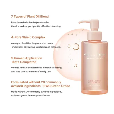 Communicates multiple distinct product benefits in a segmented layout, highlighting the cleansing oil's plant-based ingredients, pore care technology, safety testing, and clean formulation to…