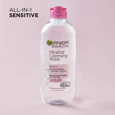 Communicates multiple benefits of the micellar water in a segmented layout, emphasizing its all-in-one functionality, gentle formula, and suitability for all skin types including sensitive skin.