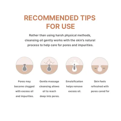 Educates shoppers on the proper step-by-step process for using cleansing oil to care for pores and remove impurities, emphasizing the gentle and effective nature of the product.