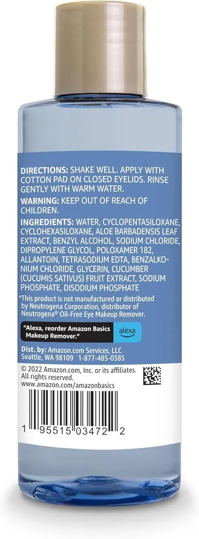 Shows the back label of the makeup remover bottle with directions, warnings, ingredients, and product information for shoppers who want to read detailed usage instructions and contents.
