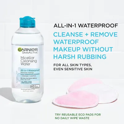 Communicates multiple benefits of the micellar water including waterproof makeup removal, gentle application without harsh rubbing, suitability for all skin types including sensitive skin, and…