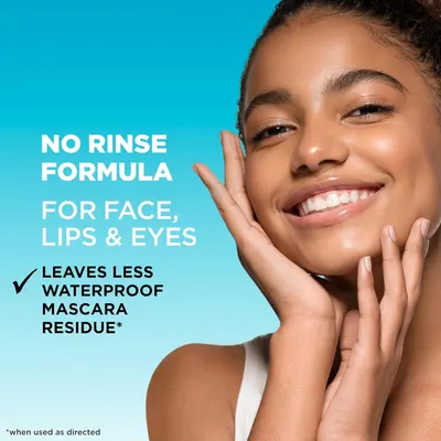 Communicates that the product is a no-rinse formula designed for face, lips, and eyes, emphasizing convenience and gentleness while leaving less waterproof mascara residue.