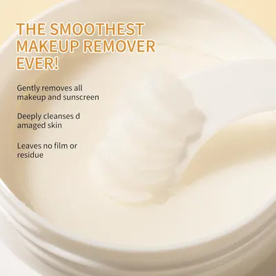 Communicates three distinct benefits of the makeup remover: gentle removal of makeup and sunscreen, deep cleansing for damaged skin, and leaving no film or residue.