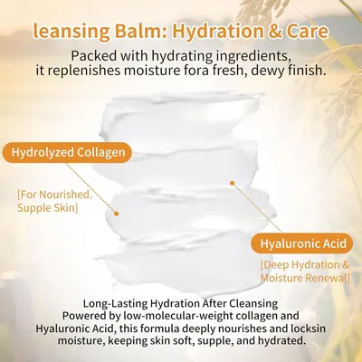Breaks down the key ingredients in the cleansing balm (Hydrolyzed Collagen and Hyaluronic Acid) to educate shoppers on what makes the product hydrating and nourishing. Communicates the primary…