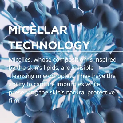 Explains the proprietary micellar technology that captures impurities while preserving the skin's natural protective film, reassuring shoppers of gentle yet effective cleansing.
