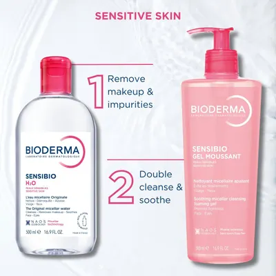 Demonstrates the proper usage sequence for the Bioderma skincare system: first remove makeup and impurities with the micellar water, then double cleanse and soothe with the foaming gel.