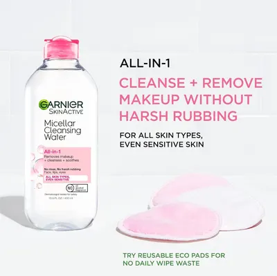 Communicates multiple product benefits including all-in-one makeup removal without harsh rubbing, suitability for all skin types including sensitive skin, and promotes eco-friendly reusable pads as…