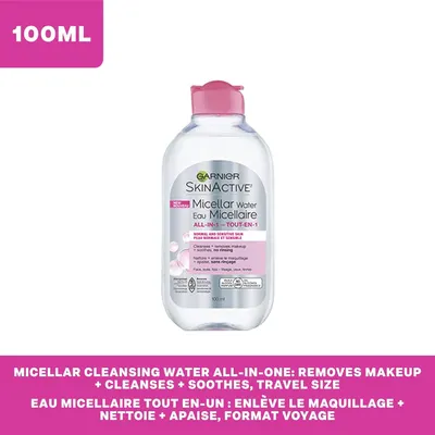 Communicates that this micellar water is an all-in-one solution that removes makeup, cleanses, and soothes skin, while emphasizing its convenient travel-friendly size.