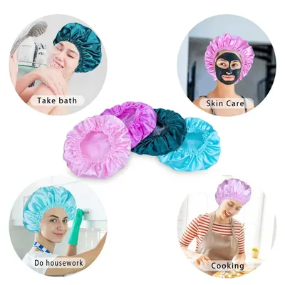 Demonstrates the versatility of the shower cap by showing four different real-world scenarios where it can be used, reassuring shoppers that it's practical for various daily activities beyond just…