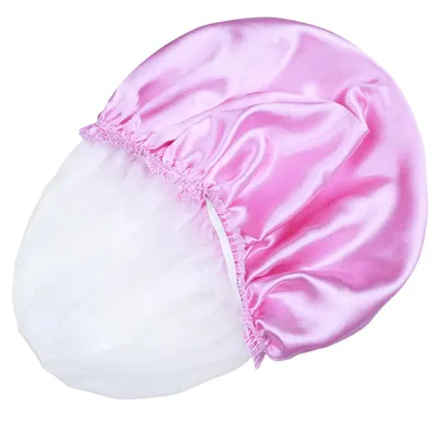 Provides a clean, catalog-style view of the pink satin bonnet product to show its appearance, color, and elastic design without distractions.
