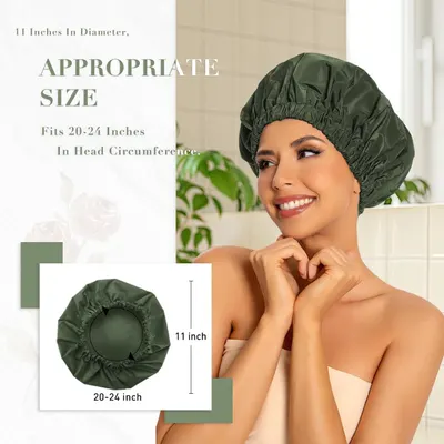 Communicates the physical dimensions of the shower cap (11 inches diameter) and its fit range (20-24 inches head circumference) to help shoppers determine if it will fit them comfortably. Reassures…