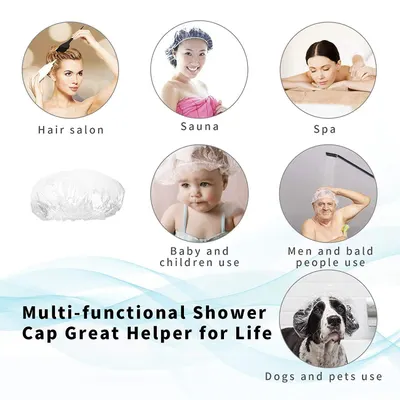 Demonstrates the versatility of the shower cap by showing it can be used across multiple scenarios and by different users including adults, children, pets, and in various settings like salons,…