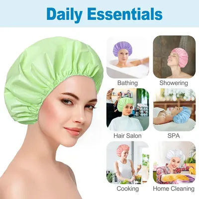 Demonstrates the versatility of the shower cap by showing it can be used across six different daily scenarios, from personal care to household tasks.
