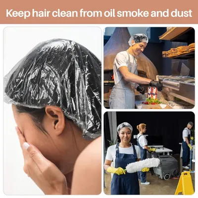 Demonstrates the versatility of the product by showing it can be used in multiple real-world scenarios—protecting hair during treatments, cooking in commercial kitchens, and cleaning environments—to…