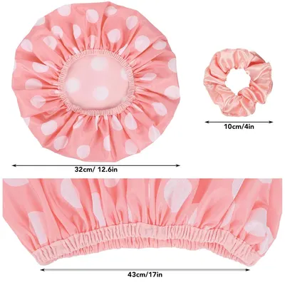 Communicates the exact physical dimensions of the shower cap and hair scrunchie to help shoppers understand the size and fit before purchase. Shows that the purchase includes both a shower cap and a…