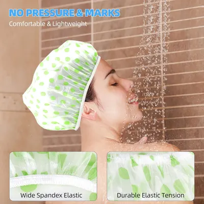 Communicates multiple benefits of the shower cap including comfort, lightweight design, no pressure marks, and durable elastic construction to reassure shoppers of quality and wearability.