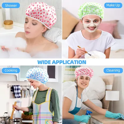 Demonstrates the versatility of the shower cap by showing it can be used in four different scenarios: protecting hair during showers, keeping hair clean during makeup application, keeping hair…
