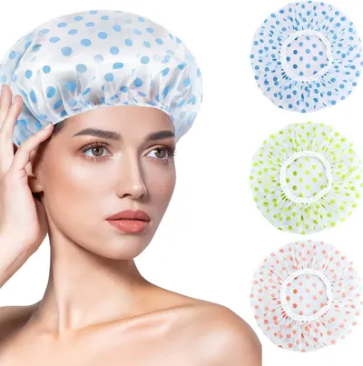 Showcases the available color and pattern options for the shower cap, helping shoppers choose their preferred style from the brand's product lineup.